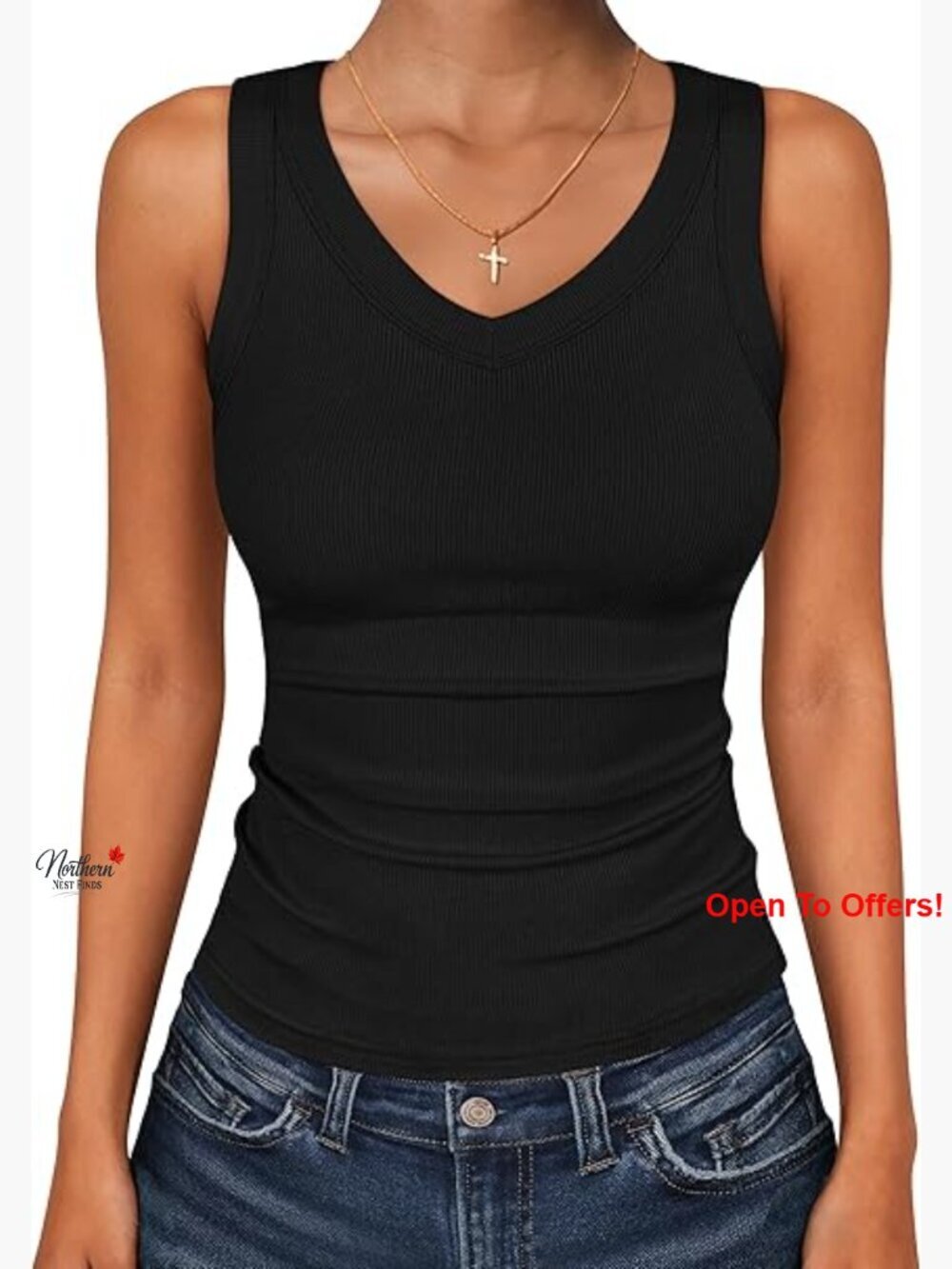 V Neck Ribbed Knit Slim Fit Tank Top Rayon Elastane Casual Summer